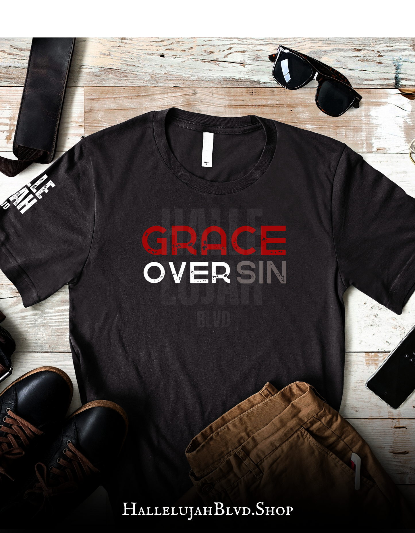 Grace over sin (Red) Black Unisex Adult Tshirt