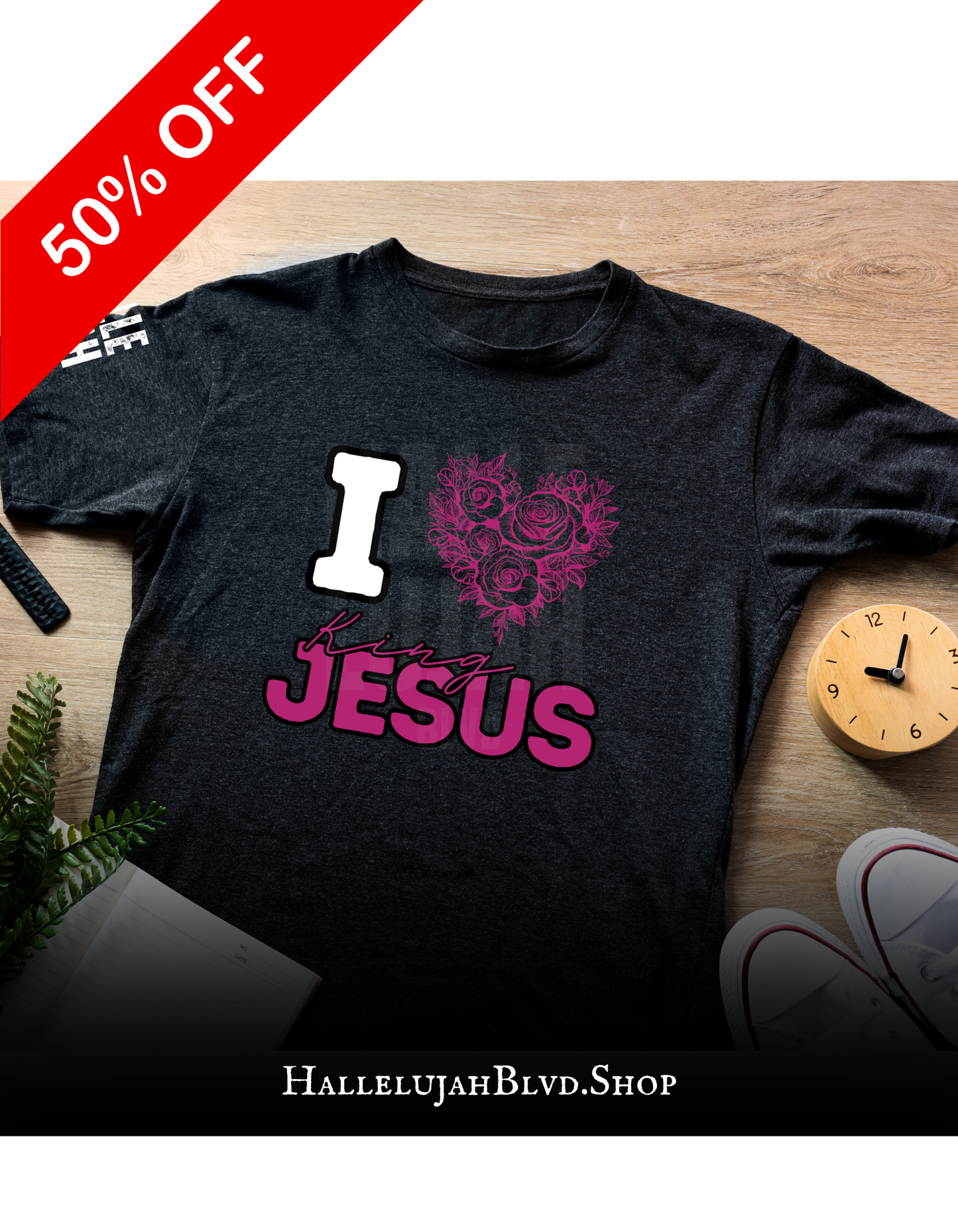 I heart King Jesus (Pink) Black Unisex Adult Tshirt