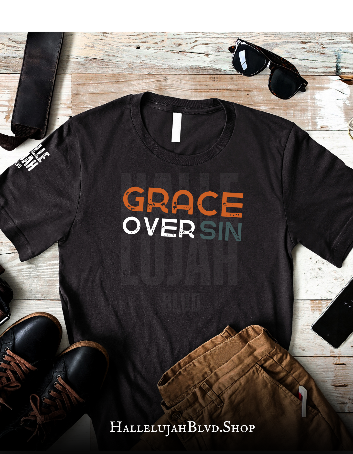 Grace over sin (Orange) Black Unisex Adult Tshirt